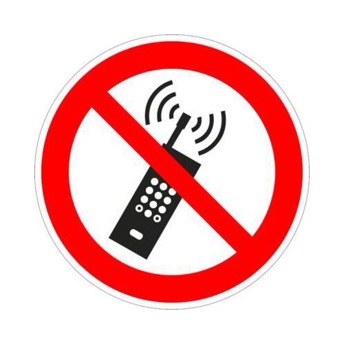 moedel Verbotszeichen „Eingeschaltete Mobiltelefone verboten“, nach ISO 7010 P013, Folie selbstklebend, Ø 200 mm
