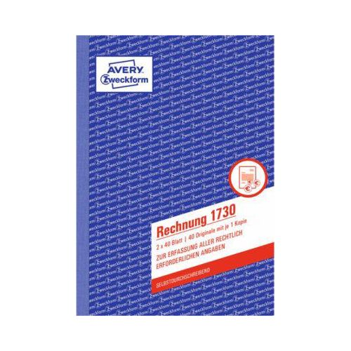 Rechnung Avery Zweckform 1730, Format A5, 1 Buch mit 2 x 40 Blatt, FSC®-Papier, weiß/gelb
