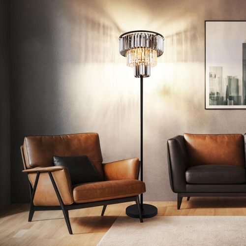 LED Stehleuchte, schwarz matt, Glaskristalle, rauch klar, H 160 cm