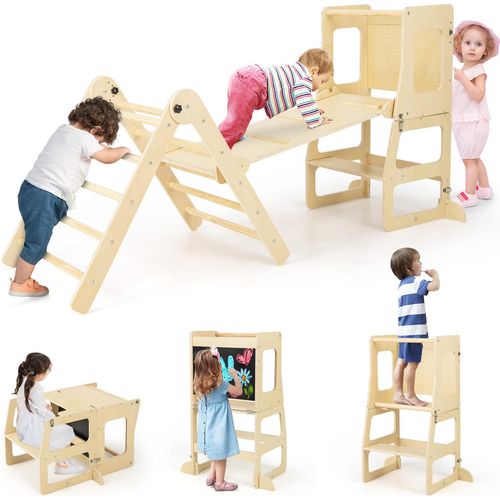GOPLUS 7 in 1 Kletterdreieck Kinder, Faltbares Kletterset mit doppelseitiger Rampe, wandelbare Tritthilfe & Tafel, Tisch & Stuhl Set, Montessori Gymnastikspielzeug für Kinder 3-14 Jahre alt (Natur)
