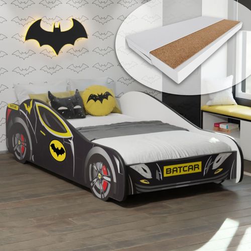 Autobett Kinderbett Jugendbett mit Rausfallschutz Bett in Batcar-Motiv Kinderbett mit Matratze 80x160 cm von 3. bis 10. Lebensjahr