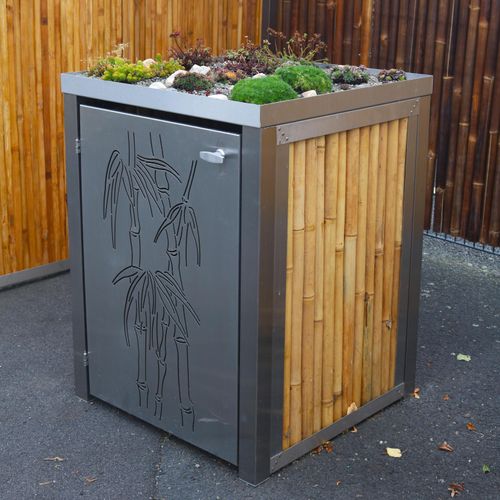 BambusBASIS Mülltonnenbox Dach/Pflanzbeet + Tür(en) mit Bambusmotiv, 2x 120l Tonne, V2A, Bambus hell