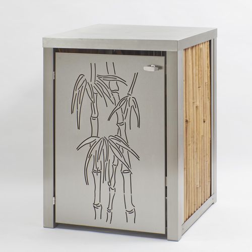 BambusBASIS Mülltonnenbox Dach/Pflanzbeet + Tür(en) mit Bambusmotiv, 1x 120l Tonne, V2A, Bambus hell