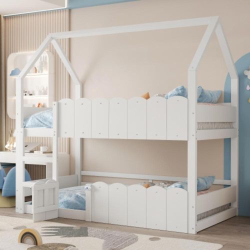Kinder-Etagenbett, Hausförmiges Design,Obere Bett verfügt über Einen Lattenrost