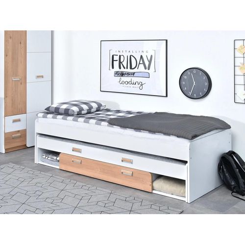 Einzelbett 80x200 JOHELY mit Zustellbett - weiß / Nash-Eiche