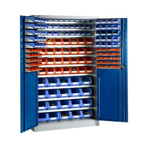 Magazinschrank, mit Ausstattung, B 1200 x T 500 x H 1935 mm, weißaluminium/enzianblau