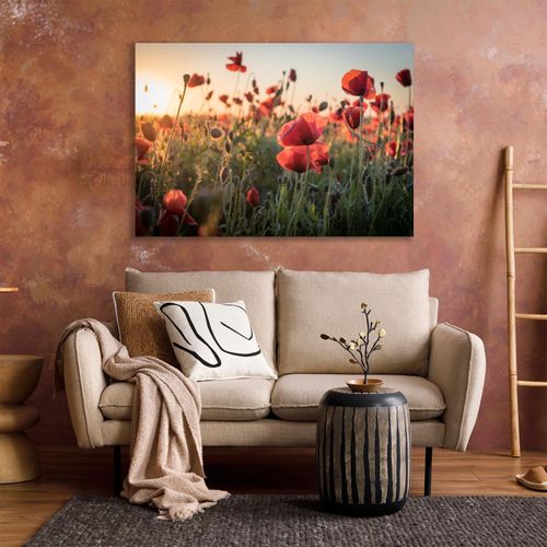 XXL-Wandbild QUEENCE "Akustikbild Mohn Mohnfeld bei Sonnenaufgang", rot, B:150cm H:100cm T:2,5cm, Polyester, Bilder