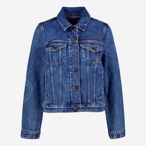 Blaue Jeansjacke mit Perlenakzenten