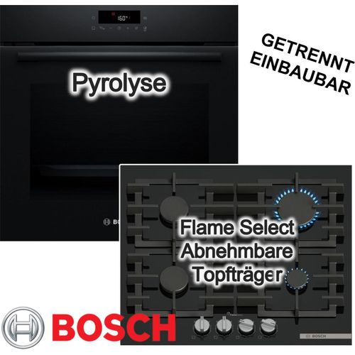 Bosch Backofen Gaskochfeld Set Schwarz 71 Liter Pyrolyse 3D Heißluft FlameSelect