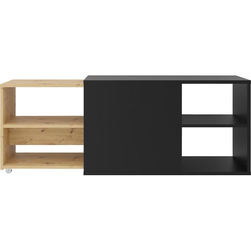 TV-Board FMD "Slide", schwarz (schwarz perl, artisan eiche), B:129cm H:49,2cm T:39,9cm, Sideboards, TV-Board, 1 oder 2 Auszüge, mit Rollen, ausziehbar auf ca. 129 bzw. 195 cm