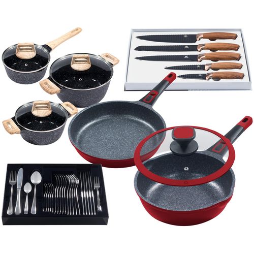 Pfannen-Set KING "Moonscape", rot, Pfannen, Induktion, (Töpfe+Glasdeckel, Pfannen+Deckel,Messer,Besteckset)