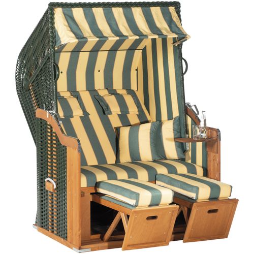 Strandkorb SUNNYSMART "Rustikal 250 Plus, TOPSELLER", grün (korpus: natur, grün bezug: gelb, grün), B:125cm H:160cm T:90cm, Strandkörbe, 2-Sitzer, komplett montiert, Oberkorb in einem Stück geflochten