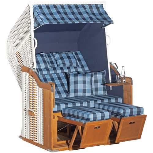 Strandkorb SUNNYSMART "Rustikal 255 Plus", weiß (korpus: natur, weiß bezug: blau, töne, uni blau), B:125cm H:160cm T:90cm, Strandkörbe, 2-Sitzer, komplett montiert, Oberkorb in einem Stück geflochten