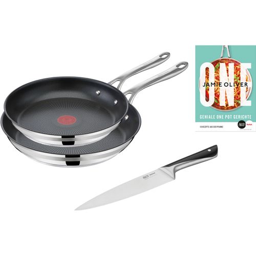 Produktbild Pfannen-Set TEFAL "Jamie Oliver Cook Smart", grau (edelstahl), B:35,5cm H:15,5cm L:51,3cm Ø:28cm, Pfannen, stilvolle Edelstahl-Pfannen, inkl. Kochmesser, Rezeptbuch