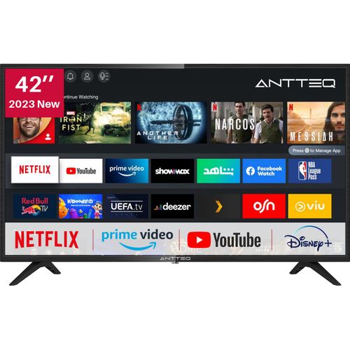 ANTTEQ AV42F3 Fernseher 42 Zoll (106 cm) Smart TV mit Netflix, Prime Video, Rakuten TV, DAZN, Disney+, Youtube, UVM, Wifi, Triple-Tuner DVB-T2 / S2 / C, Dolby Audio
