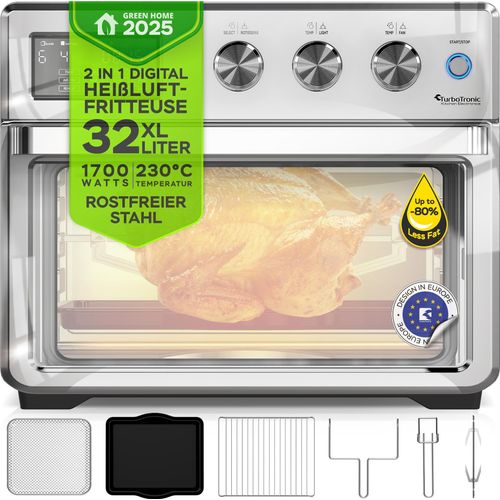 TurboTronic digitaler Heißluftofen - XXL 32 Liter mit Drehspieß für Hähnchen 5 in1 Mini Backofen, Dörrer & Power Heißluftfritteuse Airfryer ab 25°C Image