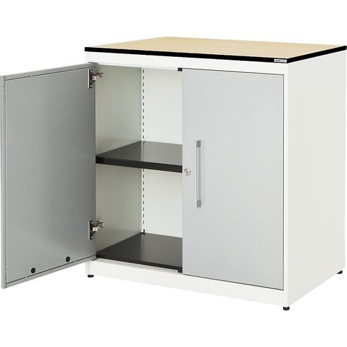 mauser Flügeltürenschrank, HxB 818 x 800 mm, HPL-Vollkernplatte, 1 Fachboden, reinweiß / weißaluminium / Ahorn Image