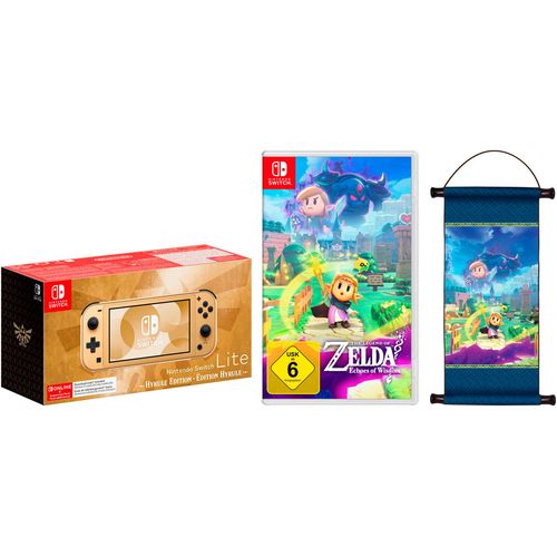 NINTENDO SWITCH Konsolen-Set "Lite – Hyrule-Edition + Zelda: Echoes of Wisdom + Zelda-Schriftrolle", gold (goldfarben), B:20,8cm H:9,11cm T:2,84cm, Spielekonsolen