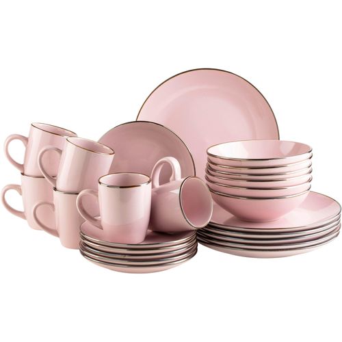 Kombiservice MÄSER "Geschirr-Set, Service Metallic Rim", rosa, 24 Stk., Steinzeug, Geschirr-Sets, Kombiservice, messingfarben schimernden Umrandung, 24 Teile, für 6 Personen