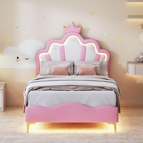 Gepolstertes Bett 90 x 200 cm, kronenförmig, Kunstleder, LED-Bett mit Lattenrost, rosa