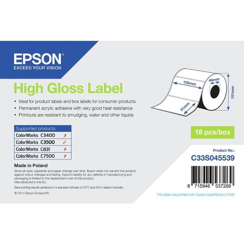 Epson High Gloss Label - Die-cut Roll: 102mm x 51mm, 610 labels, Glanz, Epson ColorWorks C7500G ColorWorks CW-C6500 ColorWorks CW-C6000Pe ColorWorks CW-C6000Ae..., 10,2 cm, 5,1 cm, 1 Stück(e), 113 mm