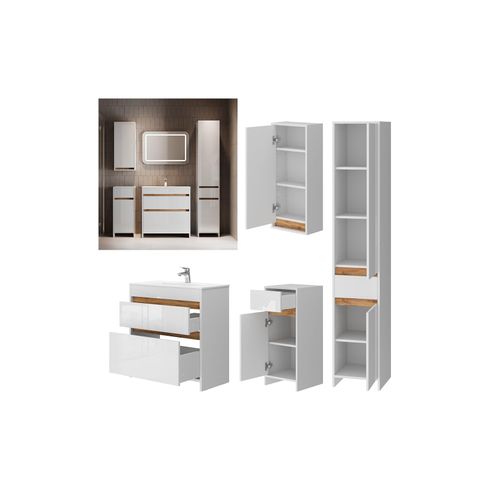 Vicco Badmöbel-Set Detmold Weiß Hochglanz Eiche 80 cm 5 Teile