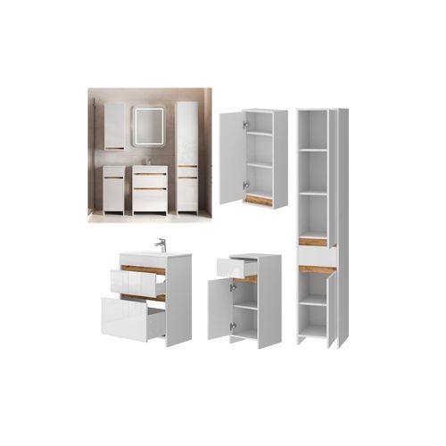 Vicco Badmöbel-Set Detmold Weiß Hochglanz Eiche 60 cm 5 Teile