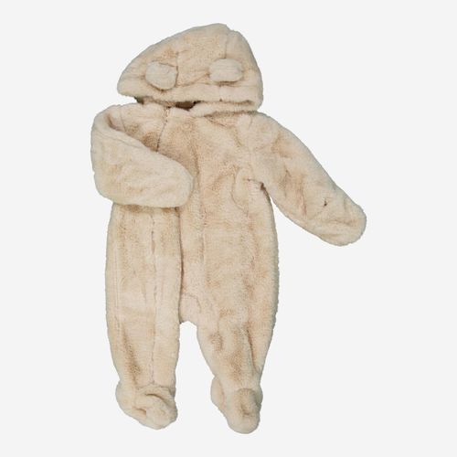 Beigefarbener Strampler mit Kapuze und Kunstfell