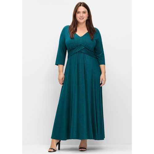 Abendkleid SHEEGO "Abendkleid", Damen, Gr. 48, Normalgrößen, blau (petrol), 66% Viskose, 16% Polyamid, 15% metallisierte Fasern, 3% Elasthan, unifarben, wadenlang, V-Ausschnitt, Kleider Abendkleid
