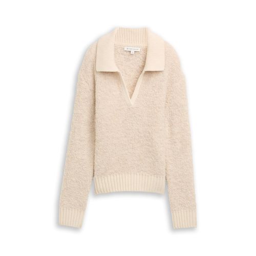 TOM TAILOR Damen Bouclé Strickpullover mit Kragen, beige, Meliert, Gr. M