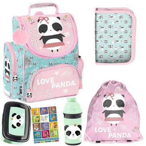 Schulranzen Panda ergonomischer Ranzen Federmappe Turnbeutel Trinkflasche Brotdose Aufgabenheft für die Grundschule 6er-Set. Geeignet ab der ersten Klasse der Grundschule