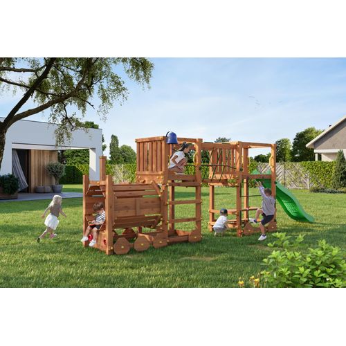 Fungoo Loco Express Spielturm mit Rutsche, Dampflok-Tunnel, Holzdach und kreativen Spielelementen