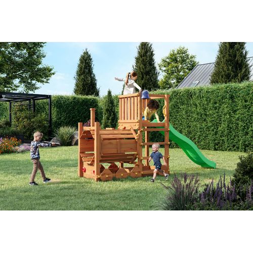 Fungoo Loco Spielturm mit Rutsche, Doppelschaukel, Kletterseil und großer Plattform