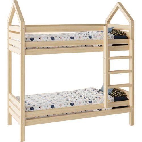 Hochbett TRANO ROA 80x180 – Stabiles Kinderbett aus natürlichem Holz |es Kiefernholz, inklusive Lattenrost, ohne Matratze