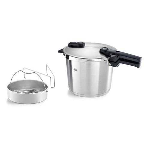 Fissler Schnellkochtopf Vitaquick® Premium, Silber, Edelstahl, Metall, 6.0 L, rund, 22 cm, Handmade in Germany, Druckregelventil, Sicherheitsventil, Sicherheitsdichtung, Sicherheitsverschluss, Gegengriff, Kochen, Töpfe, Schnellkochtöpfe
