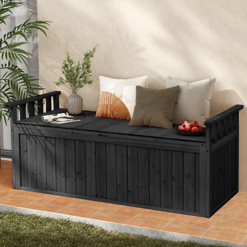 COSTWAY 128x58x53 cm Gartenbox Holz, 209 L Auflagenbox mit Stauraum, Armlehnen, Deckel, Griff & 2-Sitzer Bank, Aufbewharungsbox Outdoor, Schwarz
