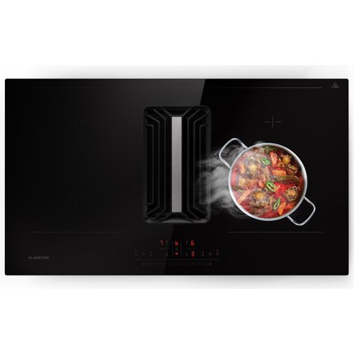 Klarstein 2-in-1 Kochfeld mit Dunstabzug Integriert, Induktionskochfeld mit Dunstabzug für Kochinsel, 4er Kochfeld mit Integriertem Dunstabzug, 754 m³/h Luftstrom, Touch-Display, A