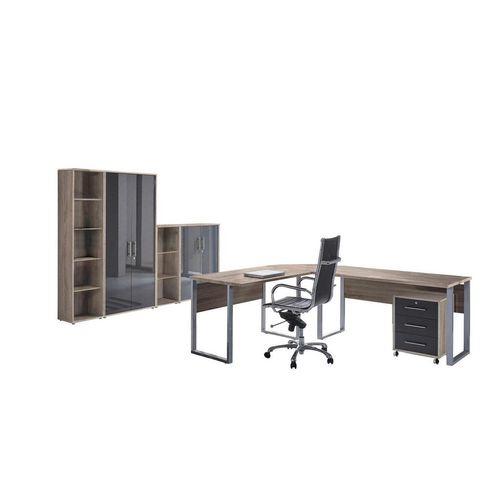 Mid.you Büro Office Edition - Büro Set 4 , Sonoma Eiche, Anthrazit Hochglanz , Holzwerkstoff , 6,6 Fächer , 3 Schubladen , Made in Germany , erweiterbar, in verschiedenen Holz-Dekoren erhältlich, Schreibtisch seitenverkehrt montierbar, abschließbar , Arbeitszimmer, Büromöbelsets & -serien