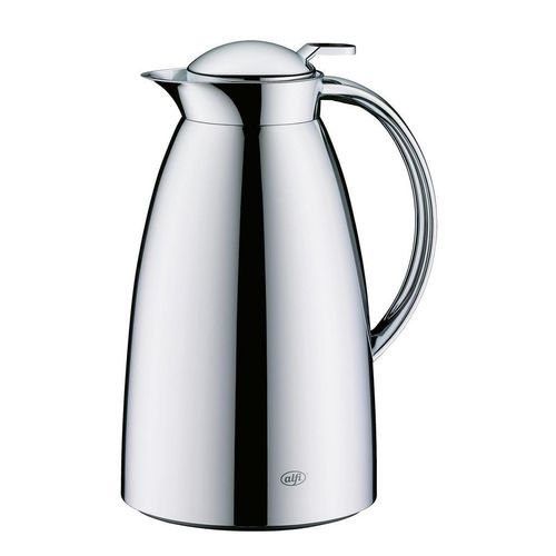 Alfi Isolierkanne Gusto, Edelstahl, Metall, 1 L, BPA-frei, Ausgießer, lebensmittelecht, Vakuum, Glaskolben, abnehmbarer Deckel, Schraubverschluss, hält warm, kalt, schadstofffrei, Einhandbedienung, Ausgießen per Knopfdruck, Kaffee & Tee, Kannen, Thermoskannen