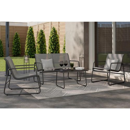 Ambia Garden Gartenset , Schwarz, Dunkelgrau , Metall, Glas, Textil , 4-teilig , Balkonmöbel, Balkonmöbel-Sets