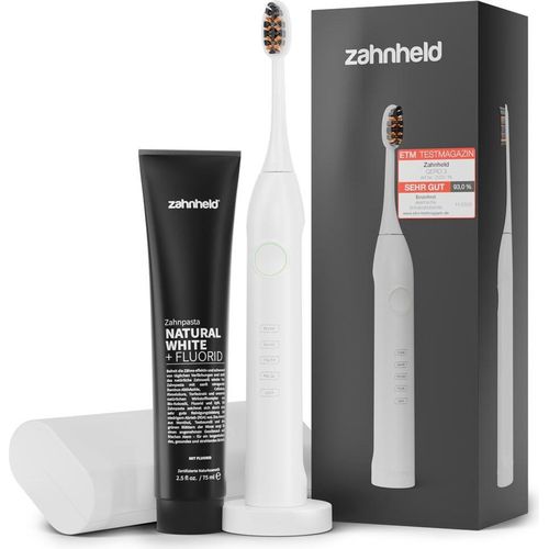 Zahnheld Set Schallzahnbürste Gero mit Zahnpasta Natural White, elektrische Zahnbürste mit Schall, schwarze Zahncreme mit Aktivkohle und Fluorid