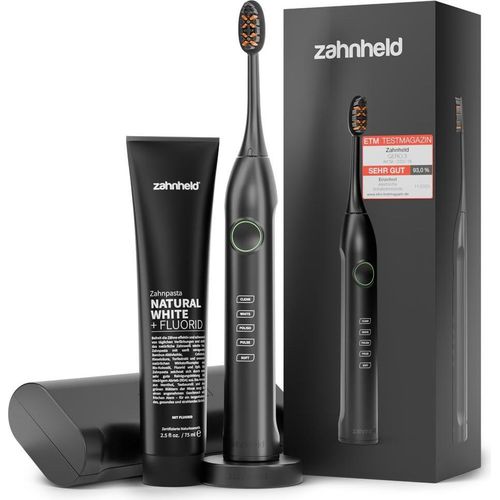 Zahnheld Set Schallzahnbürste Gero mit Zahnpasta Natural White, elektrische Zahnbürste mit Schall, schwarze Zahncreme mit Aktivkohle und Fluorid