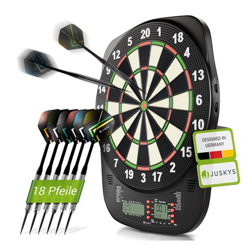 Juskys Elektronische Dartscheibe mit 32 Spielen für bis zu 8 Spieler, LCD-Display & 18 Darts