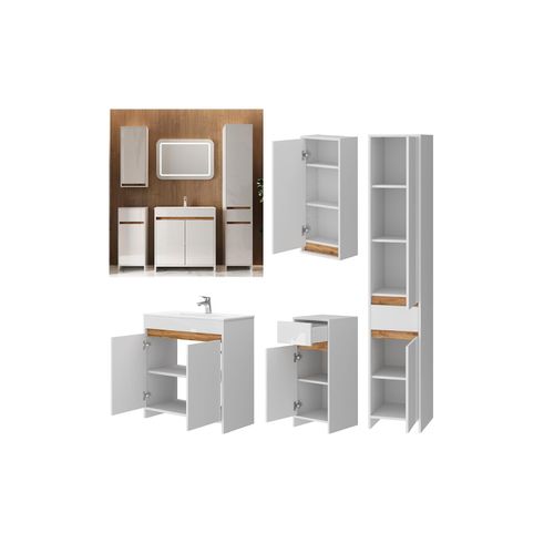 Vicco Badmöbel-Set Lemgo Weiß Hochglanz Eiche 80 cm 5 Teile