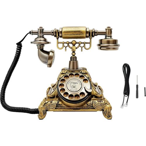 Retro Telefon - Schnurgebundenes Festnetztelefon mit Wählscheibe - Vintage Tischtelefon Deko für Zuhause Büro Café - 25 cm - Gold