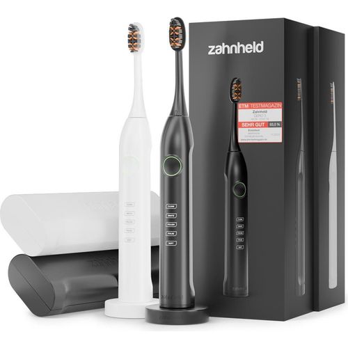 Zahnheld elektrische Zahnbürste Schallzahnbüste Gero im Doppelpack mit Etui schwarz/weiß - 5 Putzmodi, 6 Wochen Akku, Zahnbürste mit Schall im Set, Zweierpack