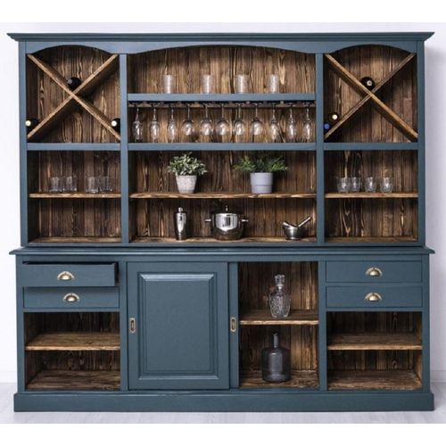 Casa Padrino Landhausstil Barschrank Blau / Dunkelbraun 240 x 50 x H. 210 cm - Massivholz Weinschrank im Landhausstil - Landhausstil Möbel - Bar Möbel im Landhausstil - Landhausstil Einrichtung