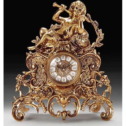 Casa Padrino Luxus Barock Tischuhr Gold 28 x H. 33 cm - Handgefertigte Bronze Uhr im Barockstil - Barock Schreibtischuhr - Barock Schreibtisch Deko - Barock Deko Accessoires - Barockstil Uhren