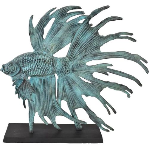 Casa Padrino Luxus Aluminium Deko Skulptur siamesischer Kampffisch Türkis / Schwarz 55 x 11,5 x H. 52,5 cm - Aluminium Deko Figur mit Holzsockel - Wohnzimmer Deko - Schreibtisch Deko