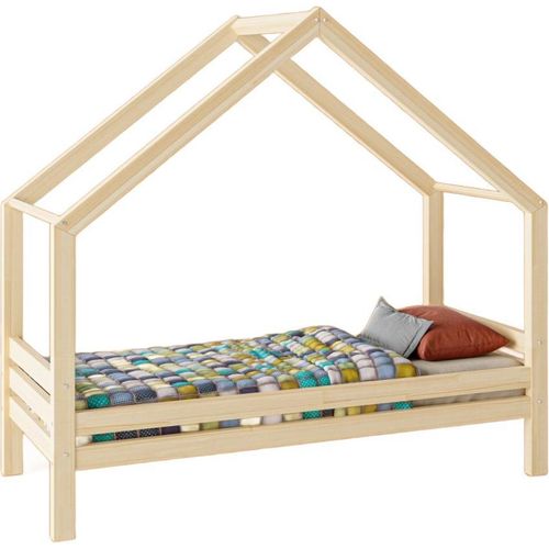 Kinderbett TRANO A | Hausdesign-Bett 80x190 cm mit Schublade, aus natürlichem Holz, inklusive Lattenrost – ohne Matratze